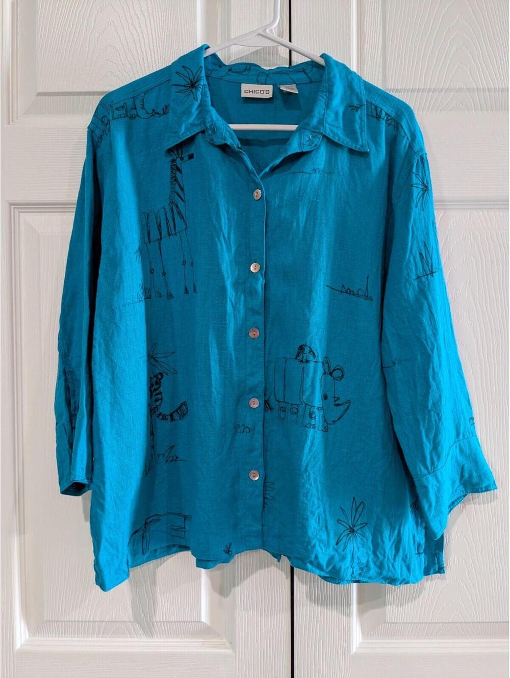 Chico's Women's Animal Print Linen Shirt, Size 2, Blue, 3/4 Sleeves, Button Down - Picture 2 of 13